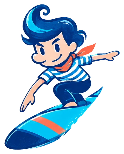 2Dイラストのノリオくんが青い波に乗って進む